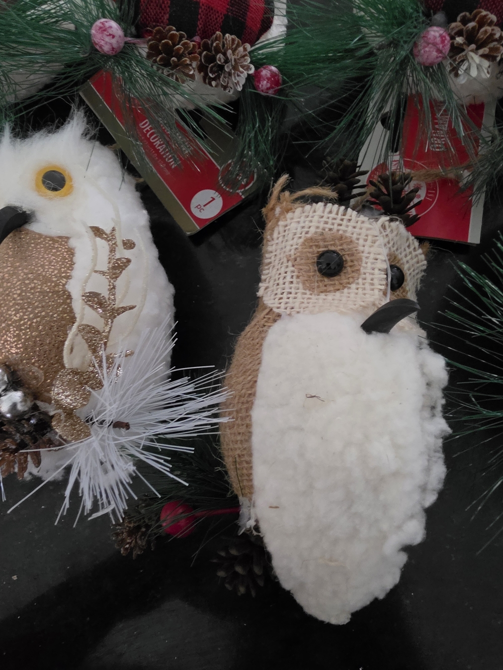 Holiday Decorative Owl Ornaments - White, Gold & Red Plaid - - Picture 3 of 6